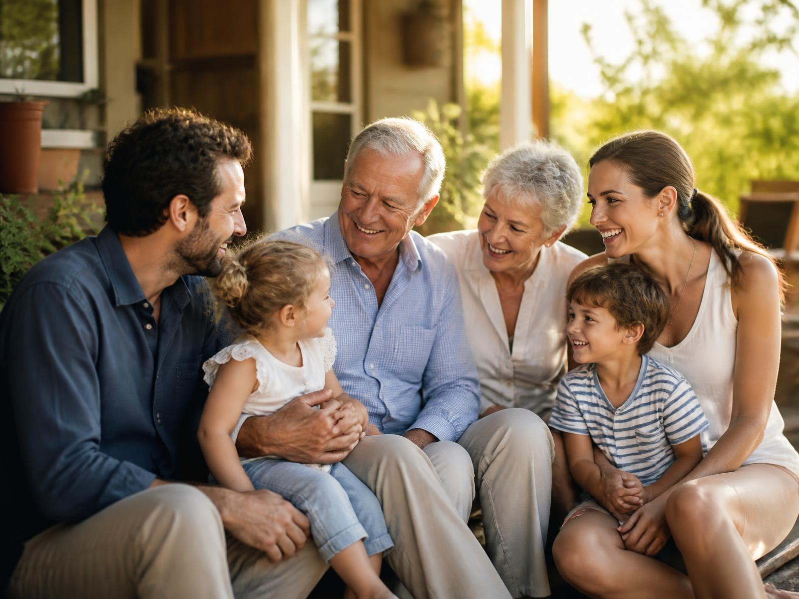 Three generations of a family laughing together on a sunlit porch